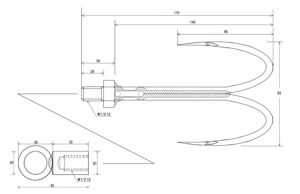 一般ギャフ兼用型落し込みダブルギャフの（特許）のギャフ本体と落としギャフ用アダプターの組み付けの状況を示す図